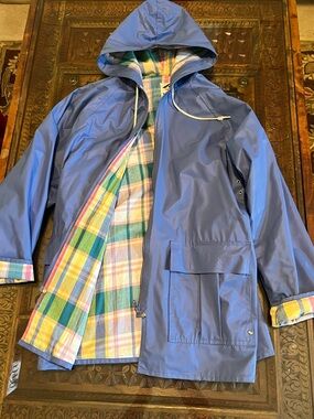VTG Misty Harbor Blue Rain Coat Pastel Plaid Lined Jacket w/Hood Women Sz S